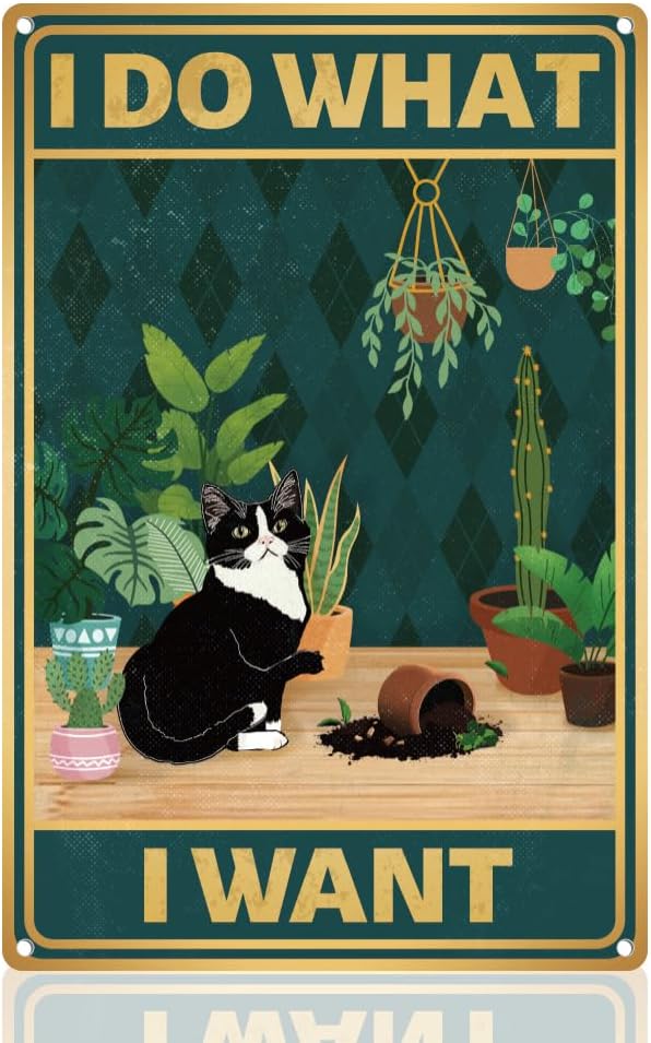 Vintage Fashion Posters - Y1、かわいい猫が花瓶を壊すサイン「私は好きなことをする」壁飾りメタルティン; ホームガーデン裏庭ペット用ヴィンテージアートポスター