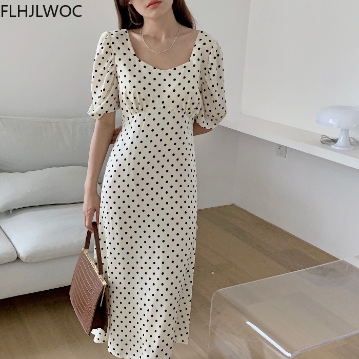 Vintage Fashion Korea - 2021夏気質の女性女性のファッションポルカドット韓国シックなロングマキシドレス