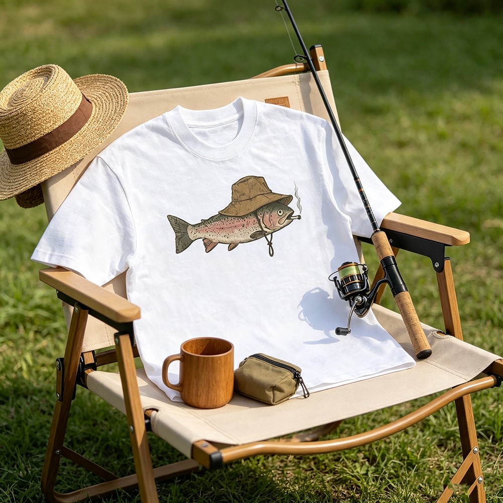Vintage Fashion Illustration - ヴィンテージフィッシングトラウトグラフィックTシャツ、ユニセックスクルーネック半袖Tシャツ、レトロな漁師の魚イラストプリント、アウトドアキャンプ釣り人カジュアルストリートウェアトップス、パーティーウェア