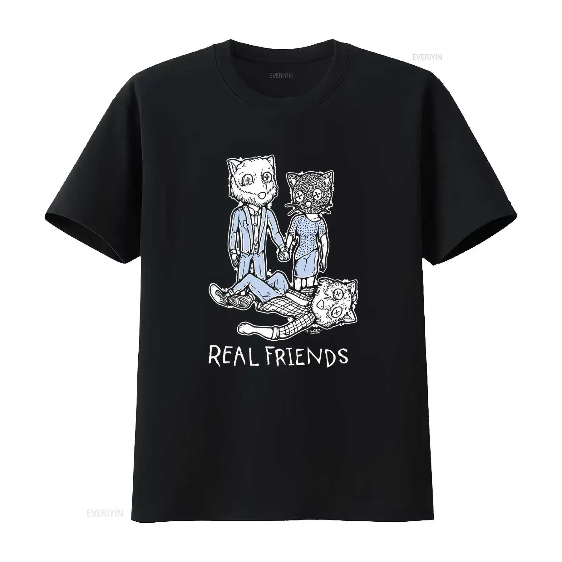 Vintage Fashion Sketches - レトロスケッチリアルフレンズ面白い擬人化猫プリントカジュアルストリートウェアTシャツヴィンテージウォッシュドストレッチスタイリッシュファッション