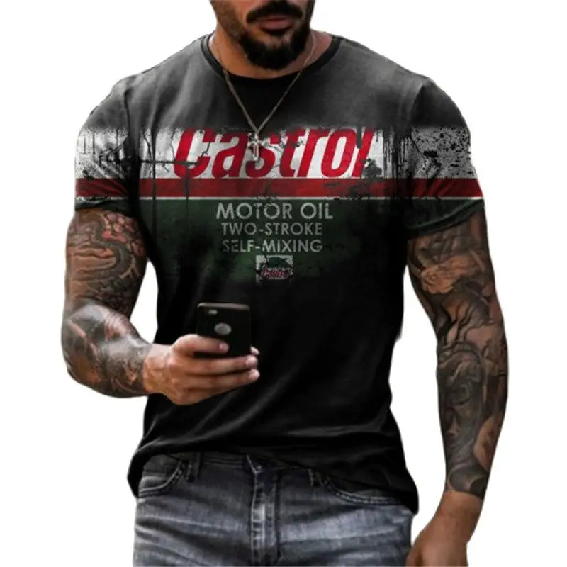 Vintage Fashion Illustration - 2026年メンズ3Dレトロ油絵プリント半袖Tシャツヴィンテージバイク柄カジュアルオーバーサイズクルーネックトップスTシャツ