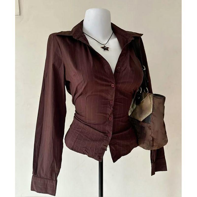 Vintage Fashion Korea - 2025 夏の新レトロクラシックシャツ女性韓国ファッション長袖スリムシャツストライプ Y2k ブラウンシングルブレストトップス女性新