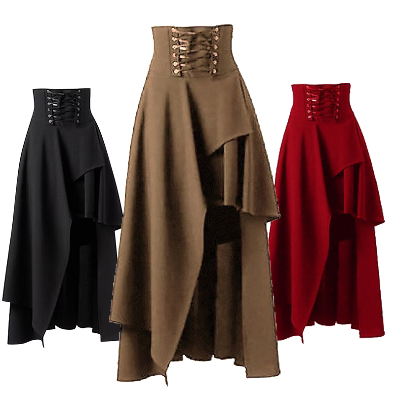 Vintage Fashion Korea - 女性のスチームパンクヴィンテージバンダートスカート、ゴシックウェア、無地、レースアップ、ハイウエスト、不規則なマキシスカート、カジュアルファッション