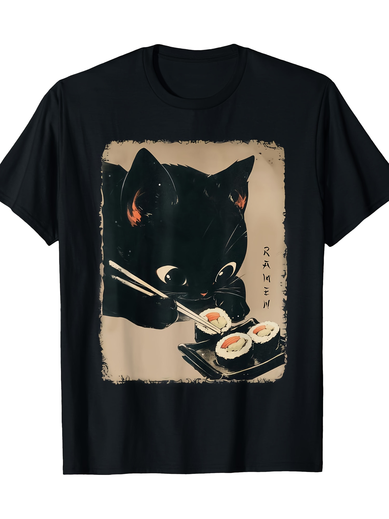 Vintage Fashion Illustration - ヴィンテージメンズブラックグラフィックTシャツ黒猫寿司箸和風食品イラストプリント綿100%ヘビーウェイト半袖カジュアルストリートウェアTシャツ