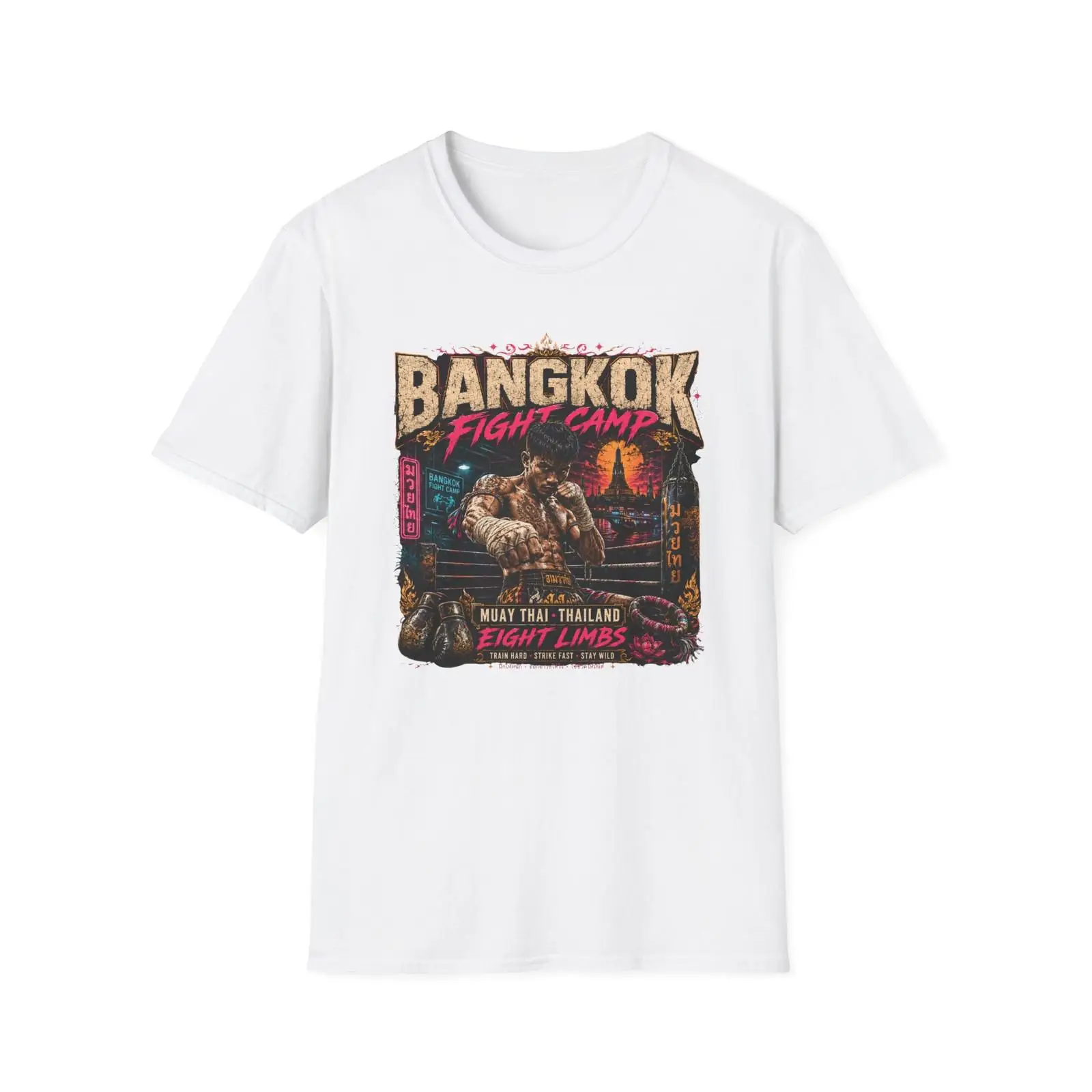 Vintage Fashion Bangkok - ムエタイTシャツ、バンコク・ファイト・キャンプ、アジア風ストリートウェア、ヴィンテージ風、洗い加工、やや柔らかい素材、メンズファッション、伸縮性あり、カジュアル