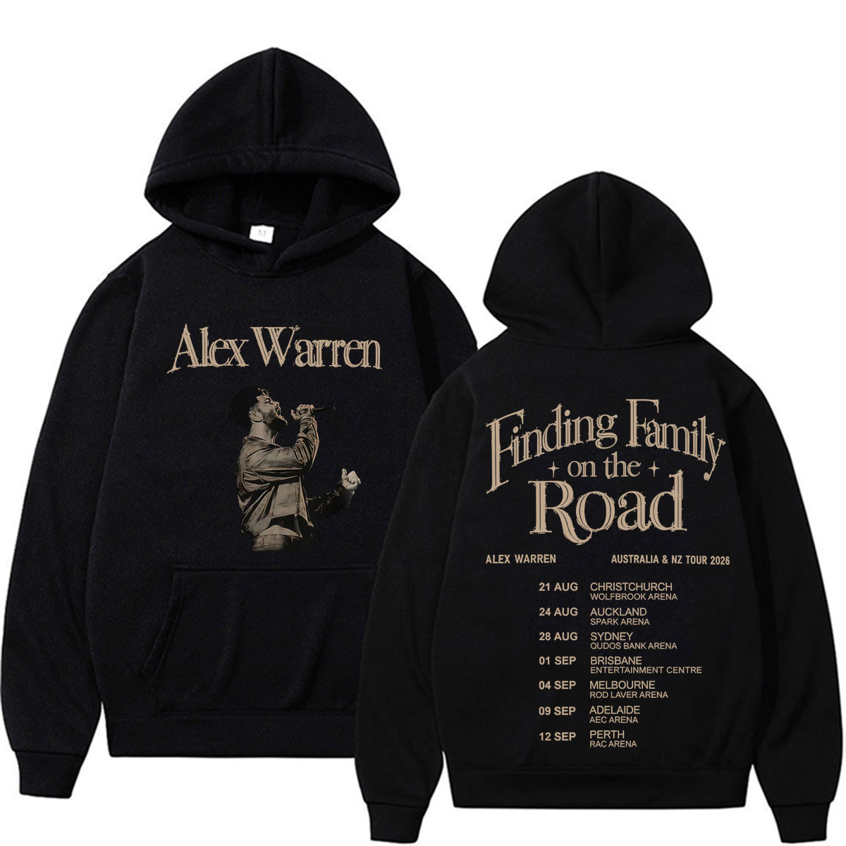 Vintage Fashion Nz - アレックス・ウォーレン「旅先で家族を見つける」2026年オーストラリア＆ニュージーランドツアー限定パーカー。メンズ、レディース、ファッション、ヴィンテージ、オーバーサイズ、スウェットシャツ。