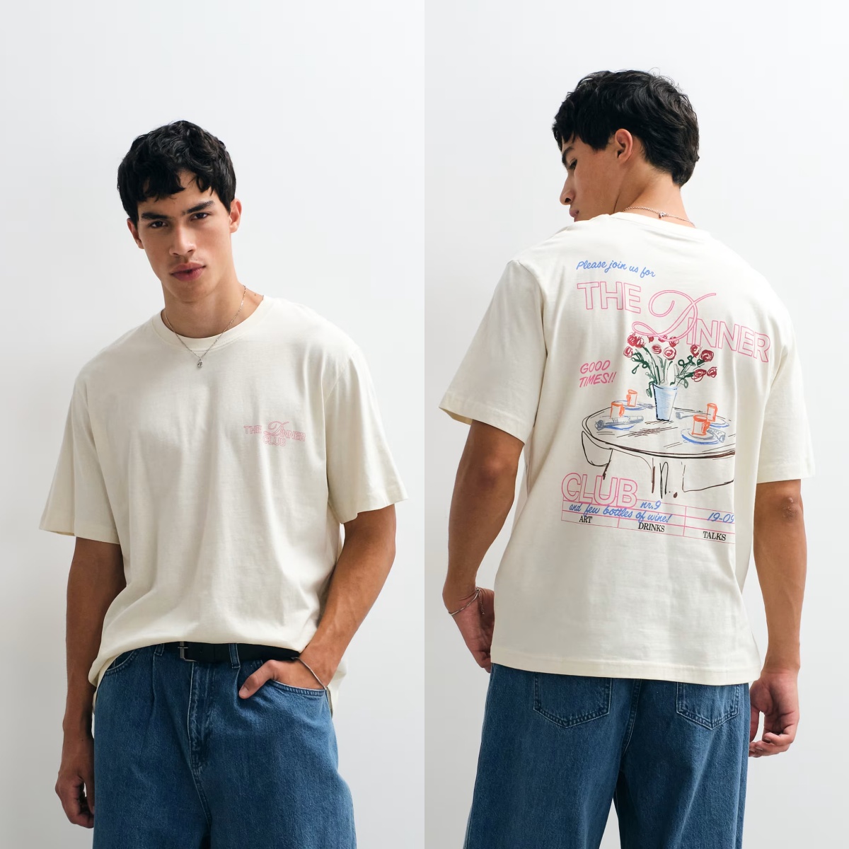 Vintage Fashion Sketches - 2026年新作、ヴィンテージ風ディナークラブのスケッチ柄バックプリントTシャツ、メンズ、バラのテーブルグラフィック、半袖。