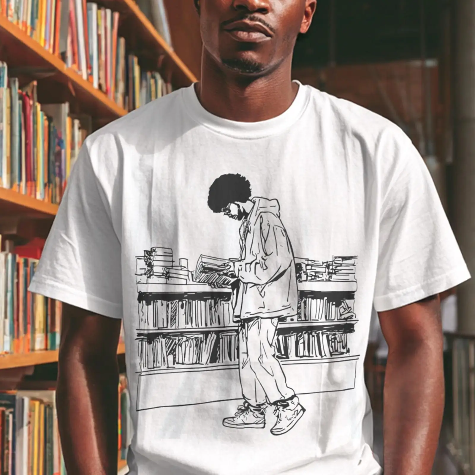 図書館で読書をするアフロマン Tシャツ ブラック ブックラバ - Vintage Fashion Knitwear Book のレビューと価格