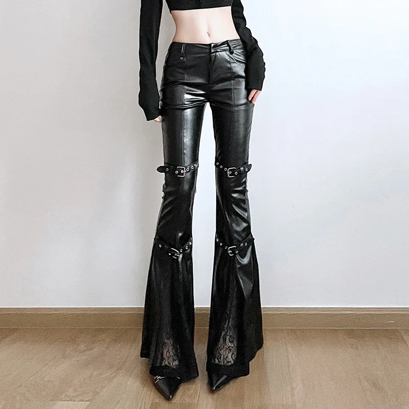 レディース PU レザー フレア パンツ、ゴシック バックル - Vintage Fashion Y2K のレビューと価格
